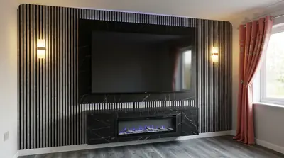 Media wall with black slat panelling, a marble-effect TV recess, a blue-flame electric fire and wall lights