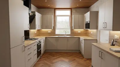 U-shaped cashmere kitchen with oak-effect worktops and a herringbone floor