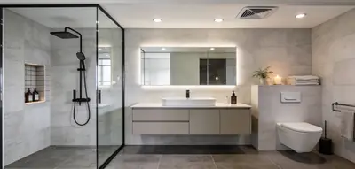 En-suite with a walk-in shower, black frame and rainfall head, a floating vanity and a wall-hung toilet