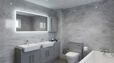 Family bathroom with grey marble-effect tiles, a double vanity unit, an LED mirror and a bath
