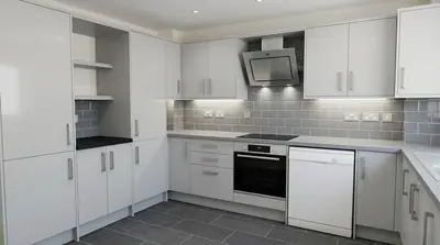 White gloss kitchen with grey metro tiles and a grey tiled floor