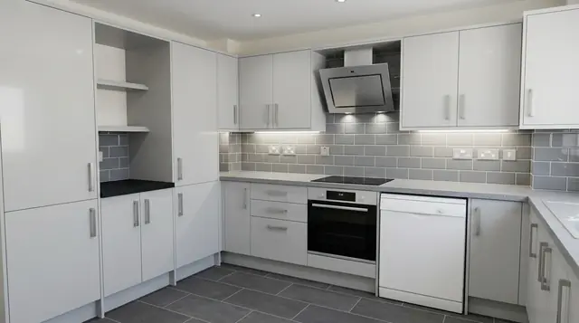 White gloss contemporary kitchen with grey metro tiles, an angled glass cooker hood, a built-in oven and a grey tiled floor